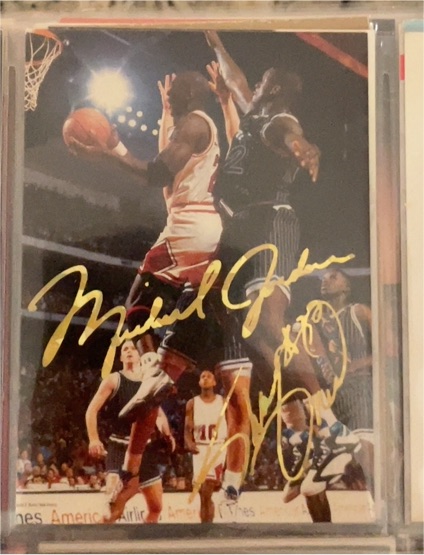 1993 Michael Jordan Shaquille O'Neal Gold Signature Card — front