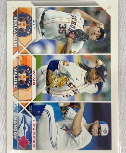 2023 Topps #82 AL Wins Leaders (Justin Verlander / Framber Valdez / Alek Manoah) — front