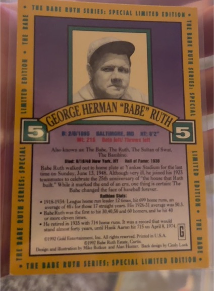 babe ruth limited edition baseball card 1989 CMC Babe Ruth Limited Edition - [Base] - Red Border #_BARU - Ad Card