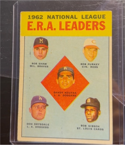 1963 Topps #5 1962 National League E.R.A. Leaders Sandy Koufax — front