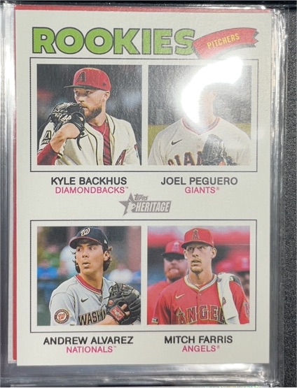2026 Topps Heritage #393 Rookie Pitchers Kyle Backhus / Joel Peguero / Andrew Alvarez / Mitch Farris — front