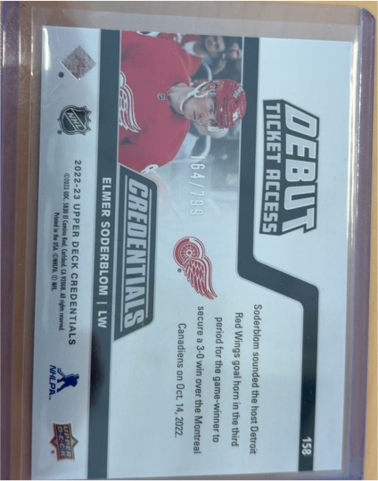 2022-23 Upper Deck Credentials #158 Elmer Soderblom — front
