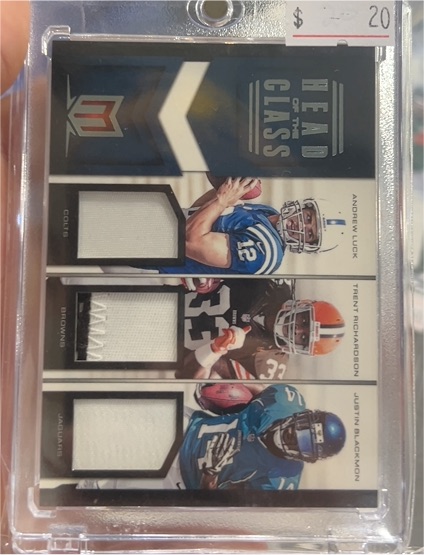 2012 Panini Momentum Head of the Class Quad Materials Andrew Luck, Trent Richardson, Justin Blackmon — front