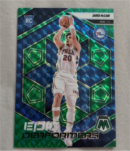2024-25 Panini Mosaic #13 Jared McCain Epic Performers Green Mosaic Prizm RC — front