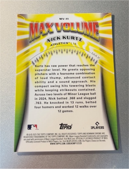 2025 Bowman Chrome Max Volume #MV-11 Nick Kurtz — front