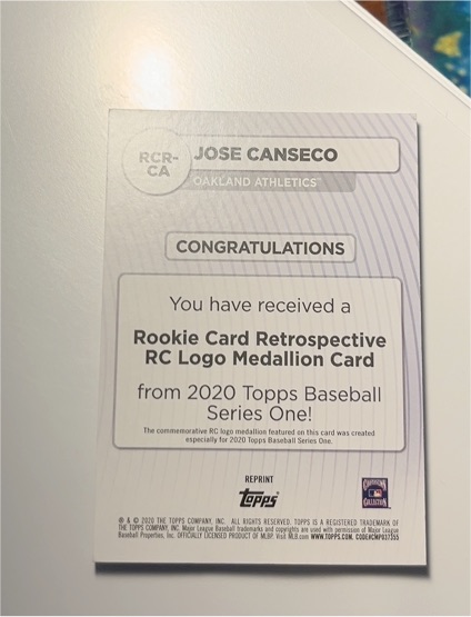 2020 Topps #RCR-CA Jose Canseco Rookie Card Retrospective RC Logo Medallion — front