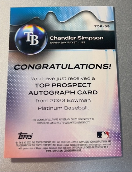 2023 Bowman Platinum #TOP-59 Chandler Simpson Top Prospect Auto Tampa Bay Rays — front