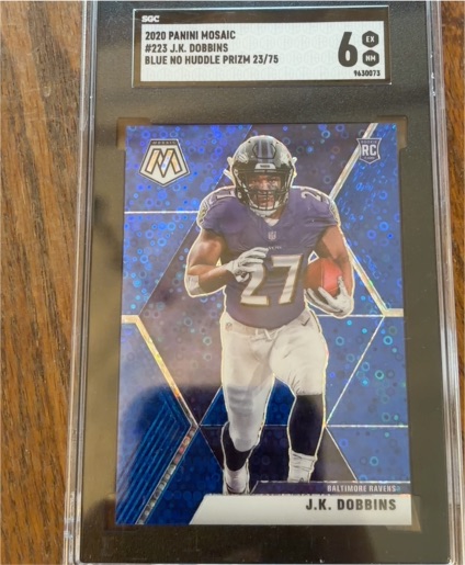 2020 Panini Mosaic #223 J.K. Dobbins Blue No Huddle Prizm — front