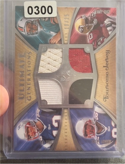 2008 Upper Deck Ultimate Collection Ultimate Generations Foursome Jersey Tom Brady Jerry Rice Randy Moss #10/25 — front