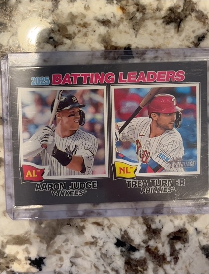 2025 Topps Heritage #1 Aaron Judge Trea Turner Batting Leaders — front