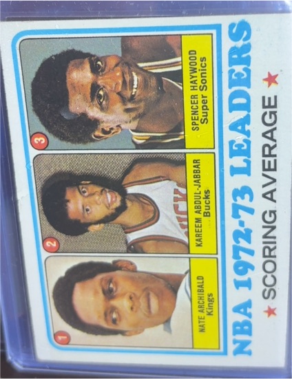 1973-74 Topps #154 NBA 1972-73 Scoring Average Leaders Kareem Abdul-Jabbar — front