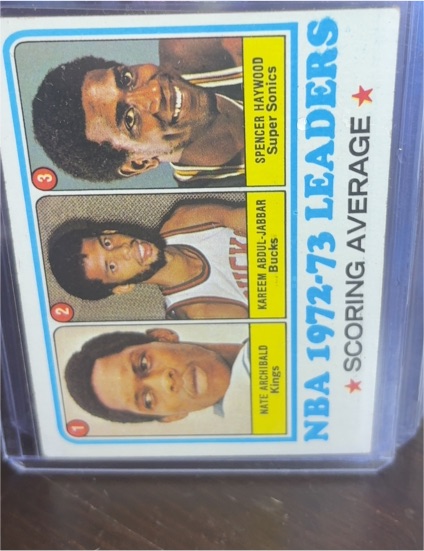 1973-74 Topps #153 NBA Scoring Leaders Kareem Abdul-Jabbar Archibald Haywood — front