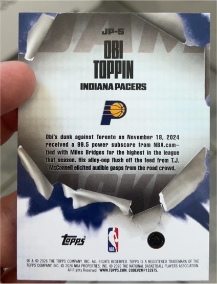 2025-26 Topps NBA Hoops Jam Packed #JP-5 Obi Toppin — front