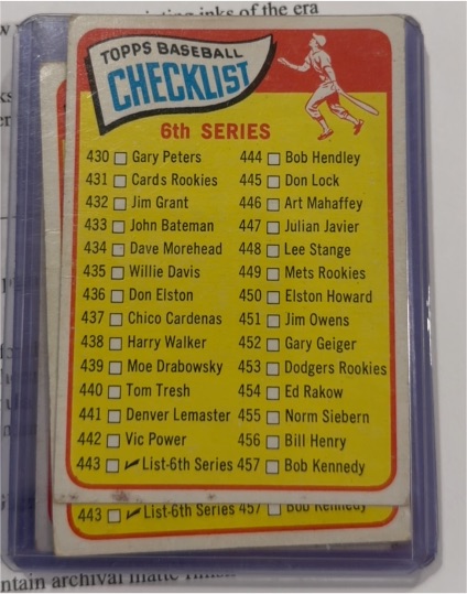 1965 Topps Baseball Checklist #443 6th Series — front