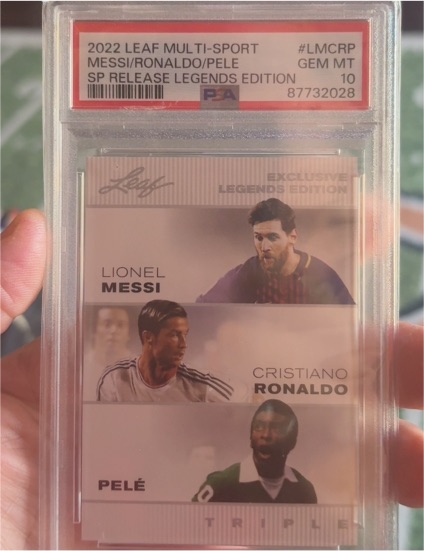 2022 Leaf Multi-Sport #LMCRP Messi/Ronaldo/Pelé SP Release Legends Edition — front