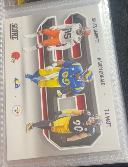 2021 Panini Score #3D9 Myles Garrett / Aaron Donald / T.J. Watt 3D — front