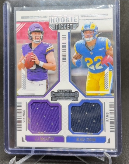 2024 Panini Contenders Rookie Ticket Dual Patch #DS-2 J.J. McCarthy / Blake Corum — front