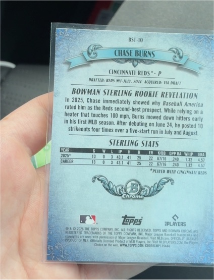 2026 Bowman Sterling Rookie Revelation #BST-10 Chase Burns — front