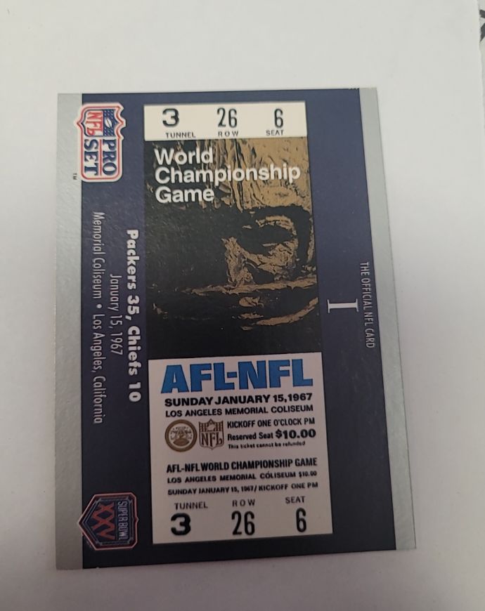 1990 Pro Set Football Super Bowl Facts #1 AFL-NFL I Packers 35, Chiefs 10 — front