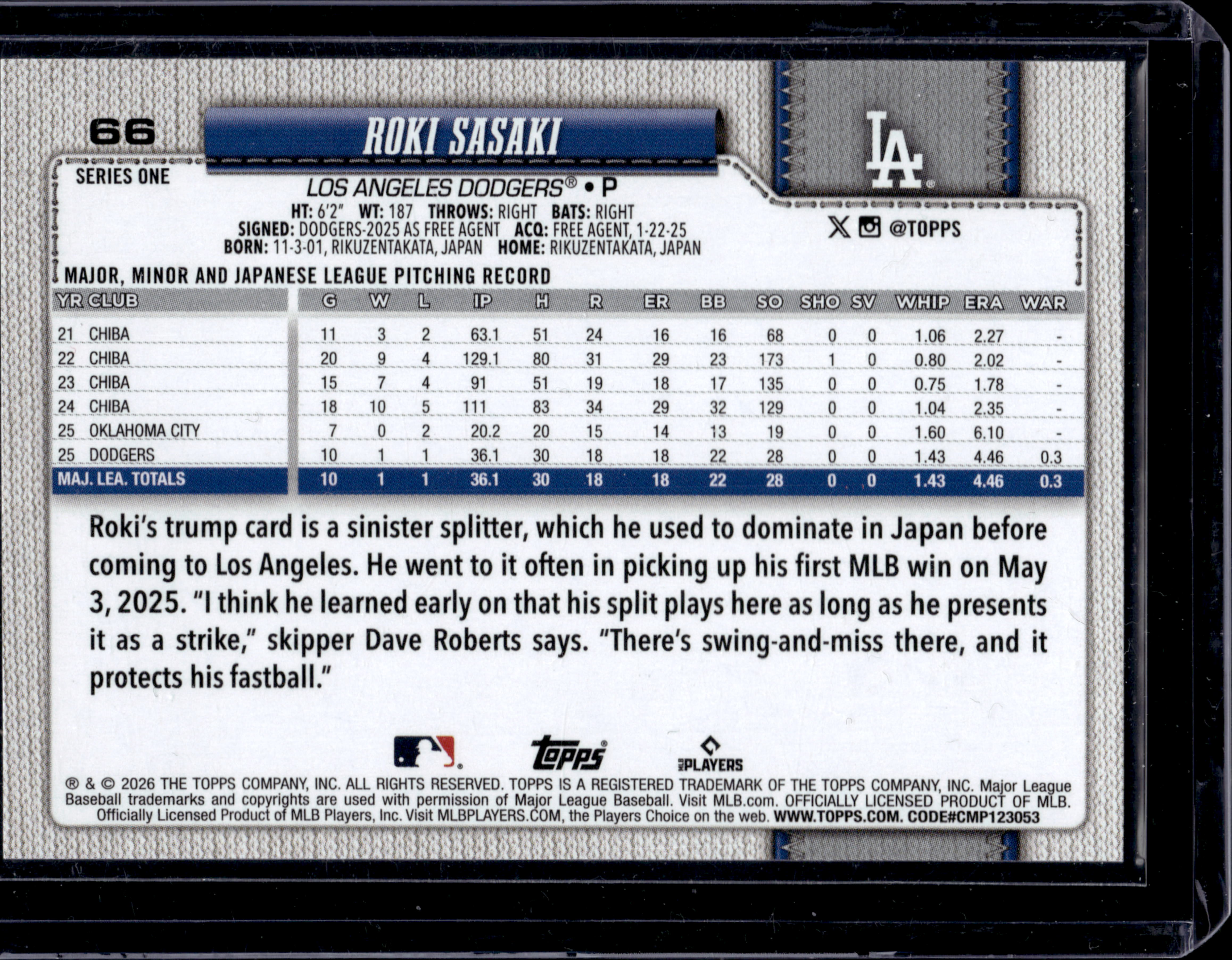 2026 Topps #66 Roki Sasaki — front