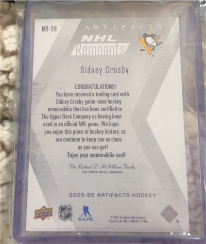 2025-26 Upper Deck Artifacts NHL Remnants #NR-26 Sidney Crosby — front