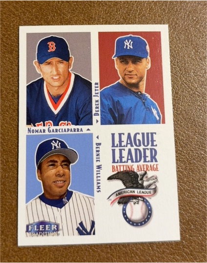 2000 Fleer Tradition #5 Derek Jeter / Nomar Garciaparra / Bernie Williams League Leader Batting Average — front