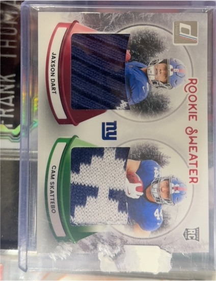 2025 Donruss Rookie Sweater Dual Patch #SWED-NYG Jaxson Dart & Cam Skattebo — front