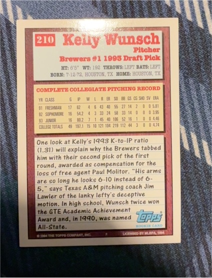 1994 Topps #210 Kelly Wunsch — front