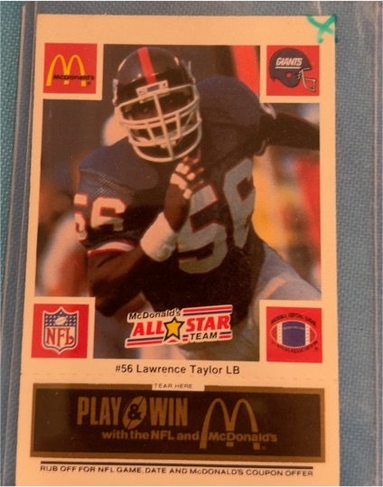 1986 McDonald's Play & Win #56 Lawrence Taylor — front