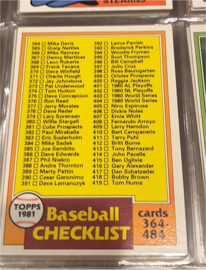 1981 Topps Baseball #446 Checklist Cards 364-484 — front