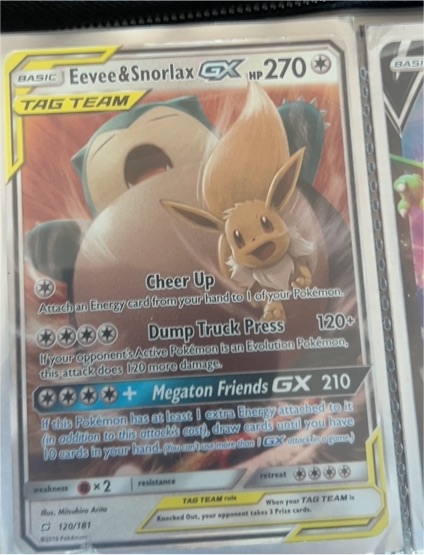 2019 Pokémon TCG Sun & Moon Team Up #120 Eevee & Snorlax GX — front