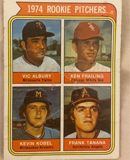 1974 Topps #605 Rookie Pitchers Vic Albury Ken Frailing Kevin Kobel Frank Tanana — front