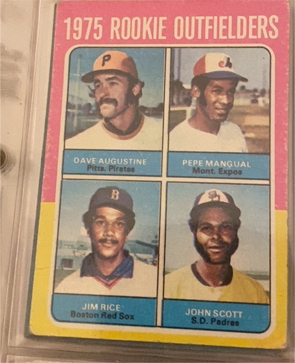 1975 Topps #616 Rookie Outfielders Jim Rice, Pepe Mangual, Dave Augustine, John Scott — front