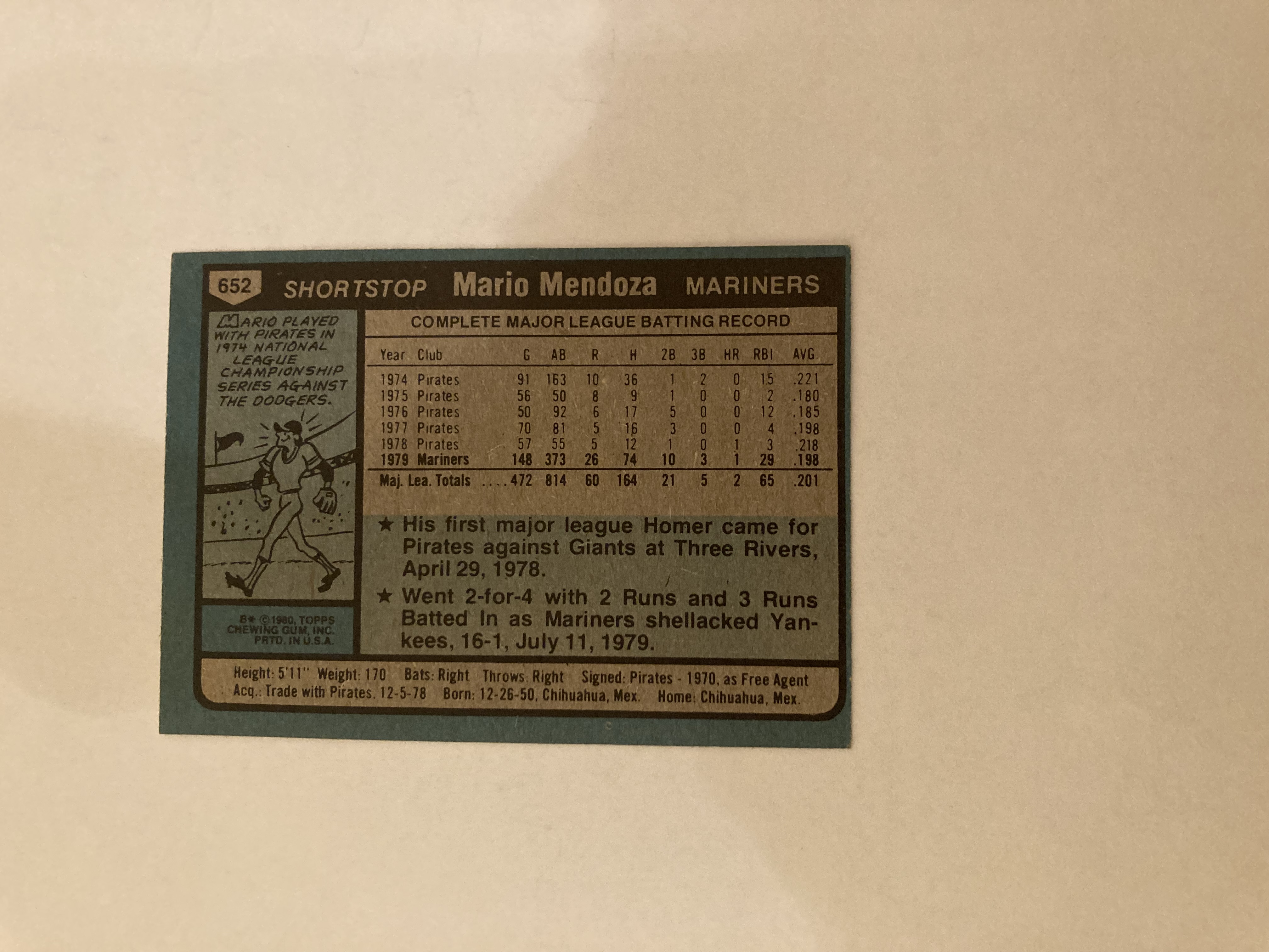 1979 Topps #652 Mario Mendoza — front