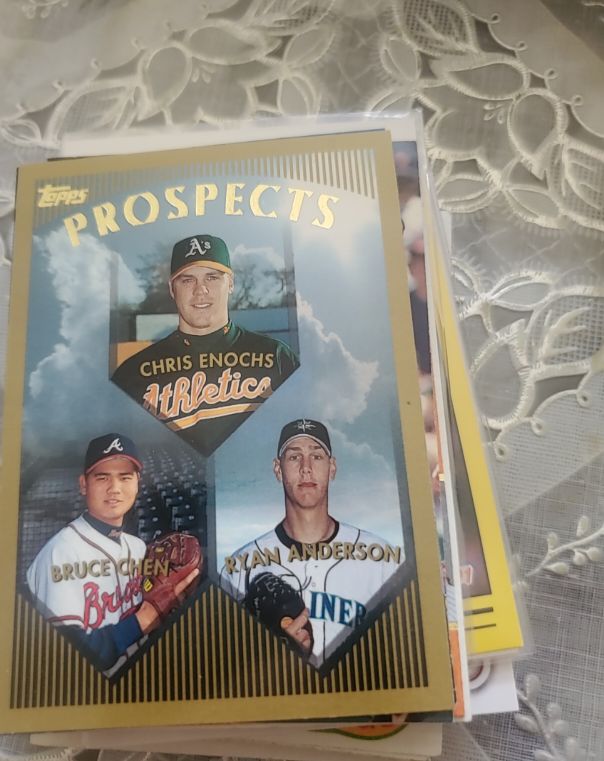 1999 Topps #210 Chris Enochs / Bruce Chen / Ryan Anderson Prospects Rookie Card — front