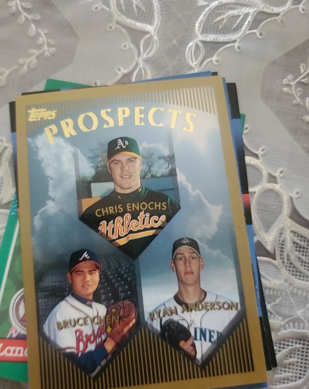 1999 Topps Prospects #210 Chris Enochs / Bruce Chen / Ryan Anderson — front