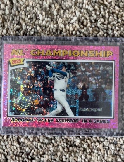 2025 Topps Heritage #277 NL Championship Dodgers Sweep Brewers Pink Sparkle — front