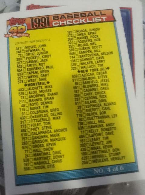 1991 Topps 40 Baseball Checklist #4 — front