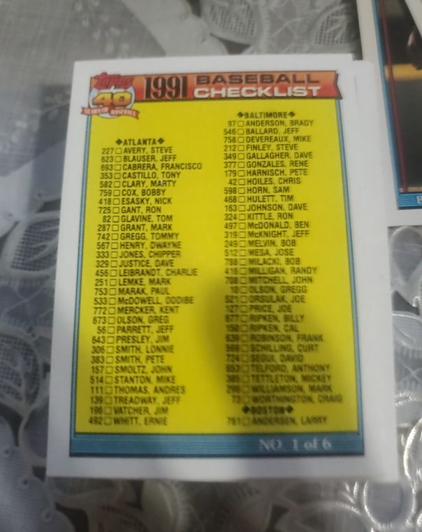 1991 Topps 40 Baseball Checklist 1 of 6 — front
