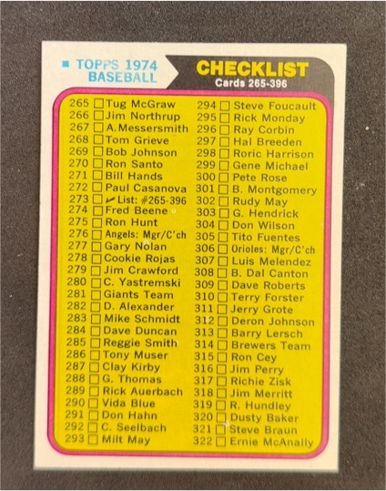 1974 Topps Baseball Checklist #273 — front
