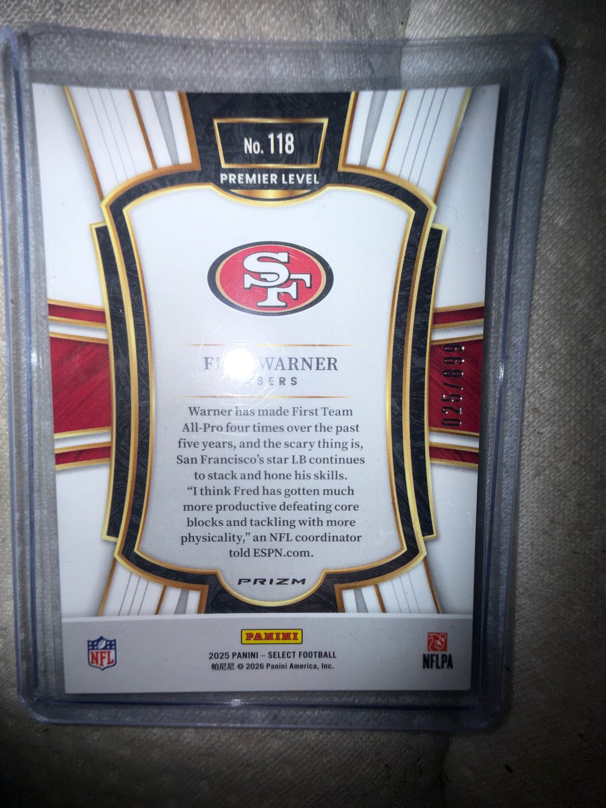 2025 Panini Select Football #118 Fred Warner — front