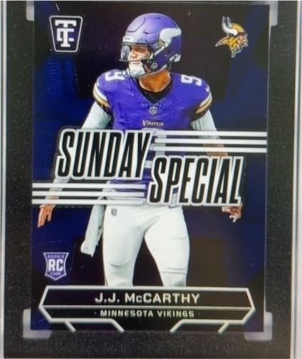2024 Panini Totally Certified #24 J.J. McCarthy Sunday Special Blue Mirror /199 — front