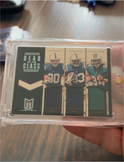 2012 Panini Momentum Head of the Class Triple Materials #8 Coby Fleener Dwayne Allen Michael Egnew — front