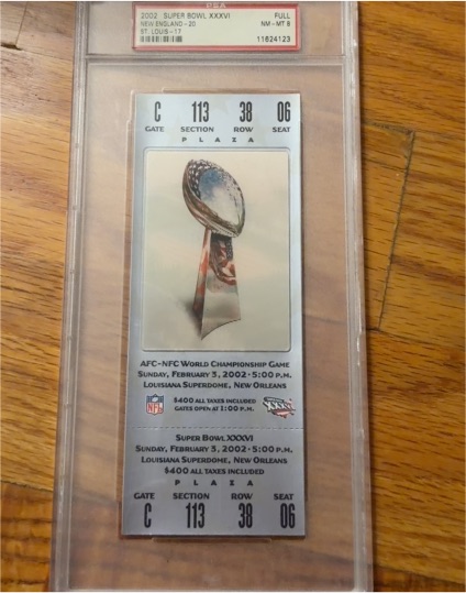 2002 Super Bowl XXXVI Full Ticket New England Patriots vs St. Louis Rams — front