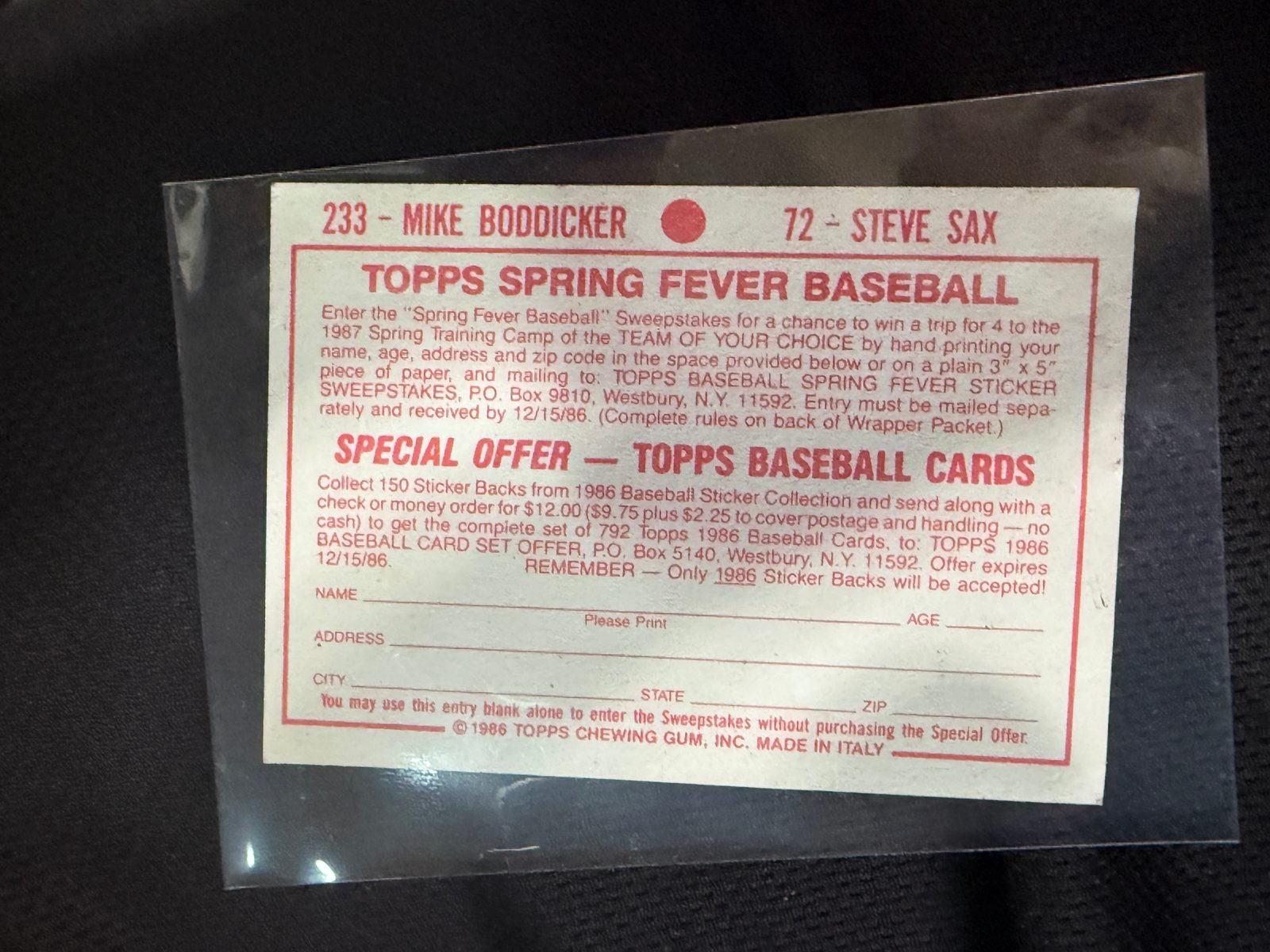 1987 Topps #NNO Spring Fever Baseball Special Offer Card — front