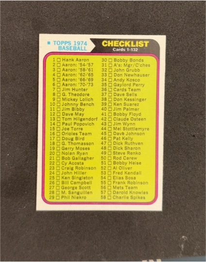 1974 Topps Checklist Cards 1-132 — front