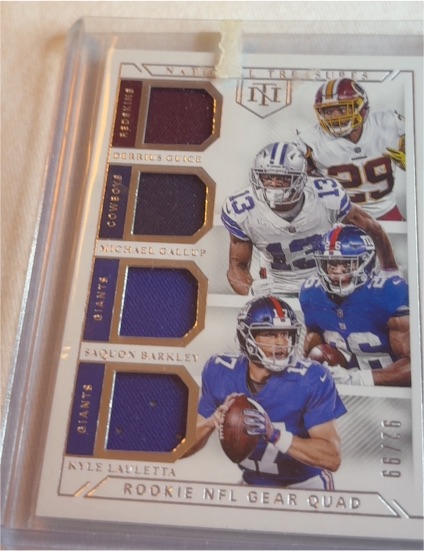 2018 Panini National Treasures #66 Derrius Guice Michael Gallup Saquon Barkley Kyle Lauletta Rookie NFL Gear Quad — front