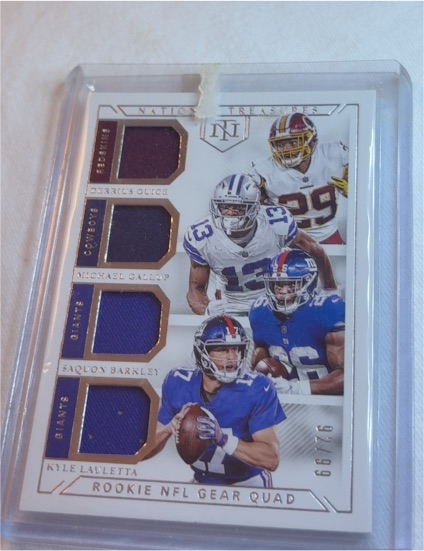 2018 Panini National Treasures #66 Saquon Barkley Carlos Guice Michael Gallup Kyle Lauletta Rookie NFL Gear Quad — front