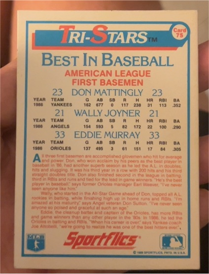 1986 Sportflics Tri-Stars Best In Baseball AL #75 Don Mattingly Wally Joyner Eddie Murray — front