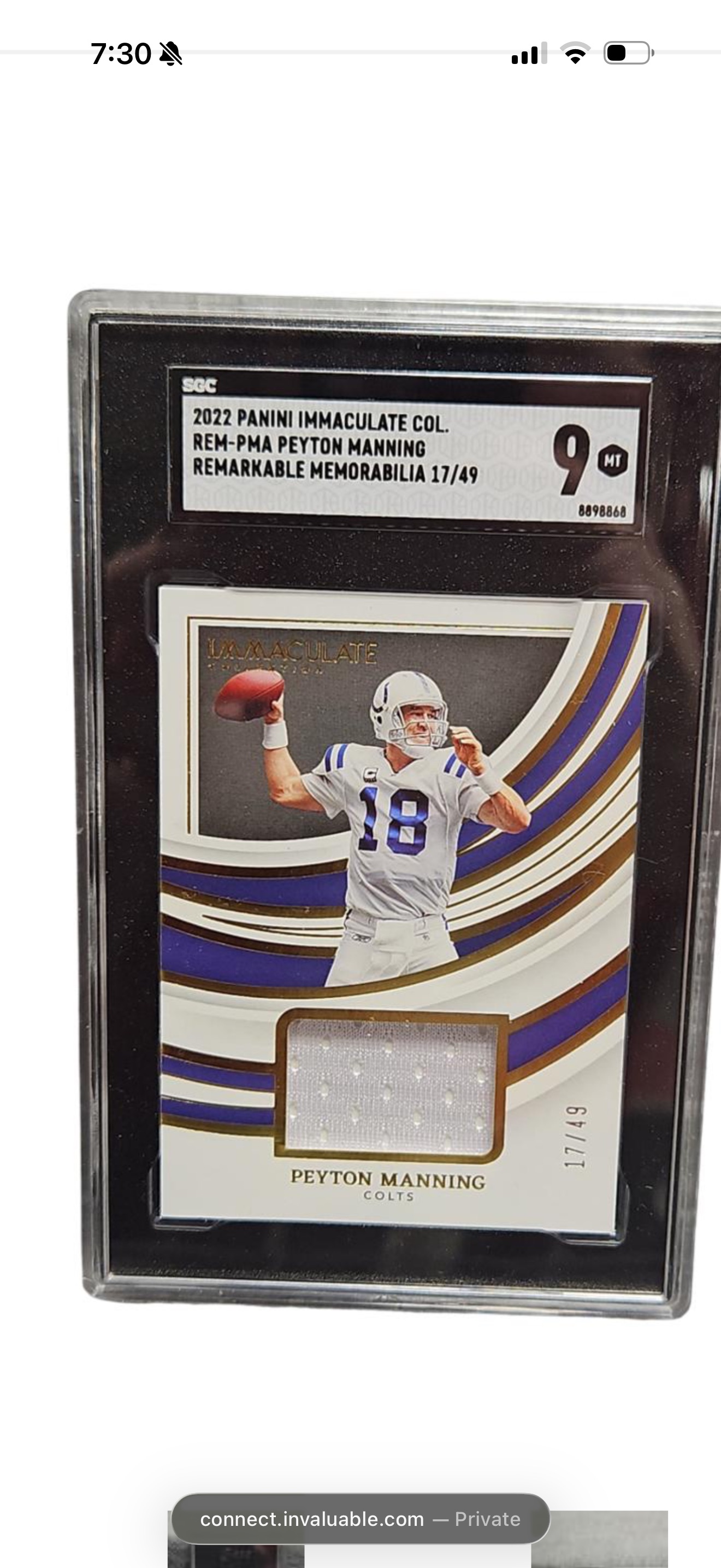 2022 Panini Immaculate Collection REM-PMA Peyton Manning Remarkable Memorabilia #17/49 — front